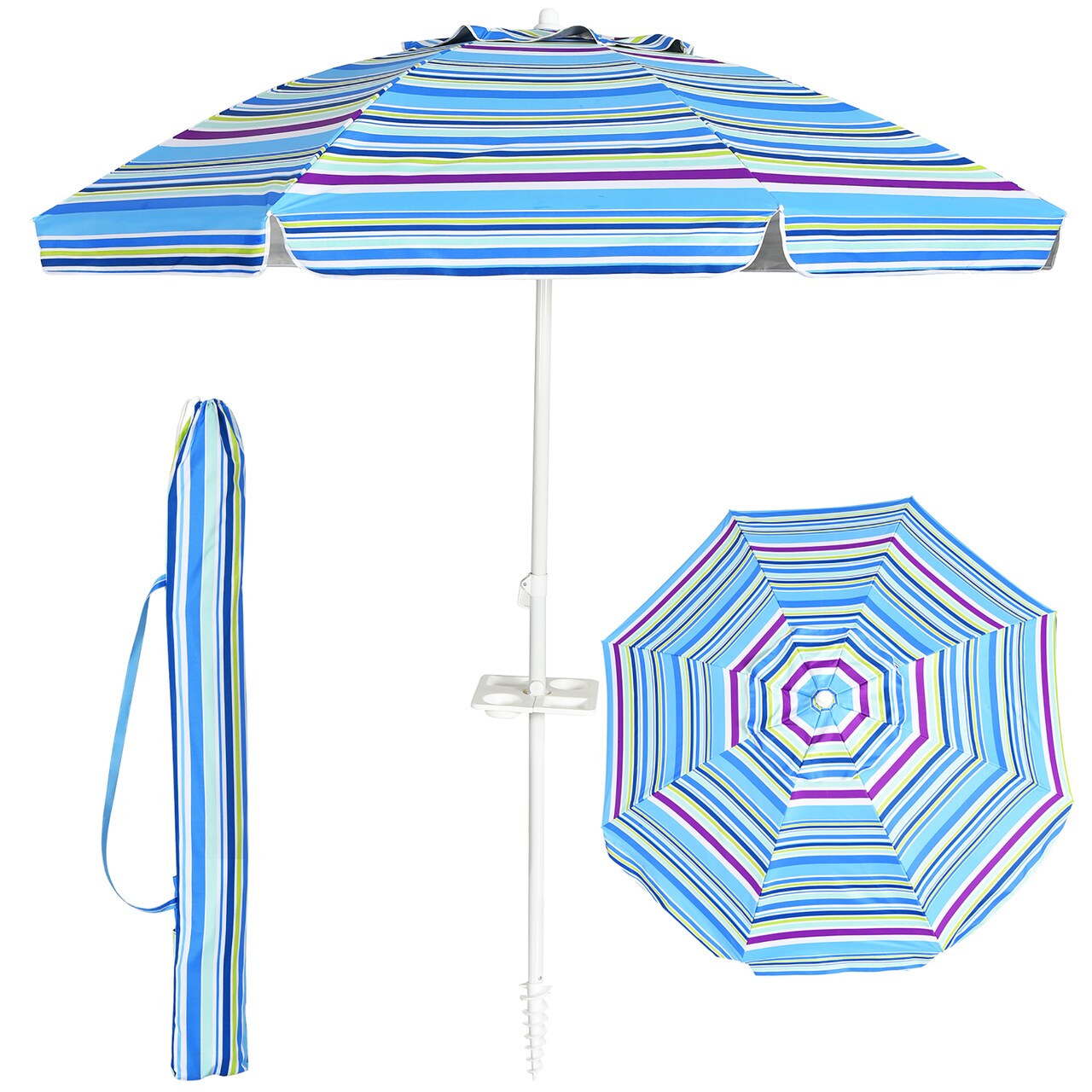 Costway 7.2 FT Portable Beach Umbrella Tilt Sand Anchor Cup Holder with Carry Bag Blue/Navy Blue/Rainbow/Green